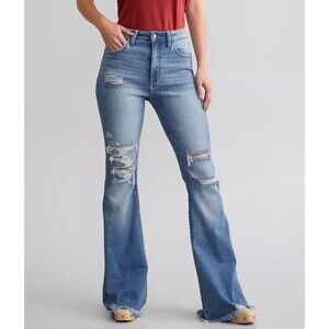 KanCan Signature / Buckle Mid Rise SuperFlare Distressed Jeans Stretch Size 29